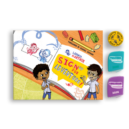 Cover for 'Sign Up for Adventure!' with Skipping Stones Award Seal, CBC Teacher Favorites and Librarian Favorites Seals 