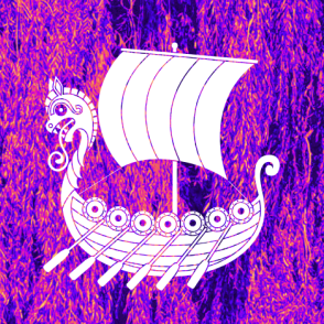 A white Viking longship illustration centered on a highly saturated purple and pink abstract textured background.