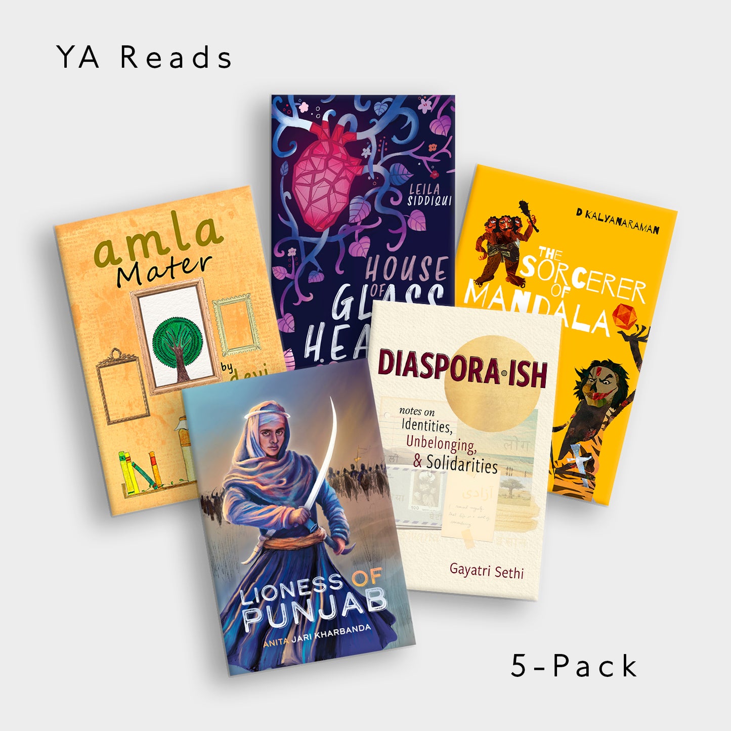Five young adult books with colorful covers on a white background, labeled 'YA Reads 5-Pack'.